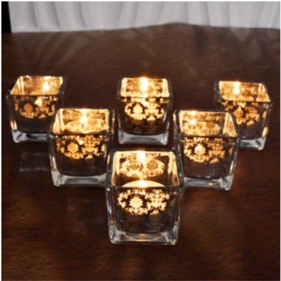 Set of 12 - Square Silver Mercury Glass Tea Light / Votive Candle Holders - Picture 8 of 13